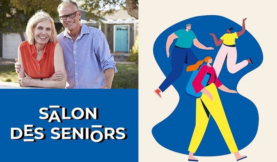 Invitation au Salon des Seniors 2022 avec illustration colorée et photo d'un couple de seniors souriants en extérieur.