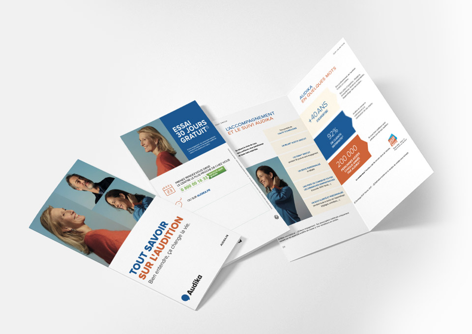 Brochure d'information Audika sur l'audition et les solutions auditives, incluant un essai gratuit de 30 jours et des données clés sur l'accompagnement proposé.
