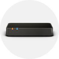 Adaptateur TV noir avec des voyants lumineux orange et bleu