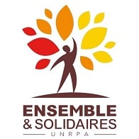 Logo UNRPA Ensemble & Solidaires avec silhouette humaine et feuilles colorées rouges, oranges et jaunes.