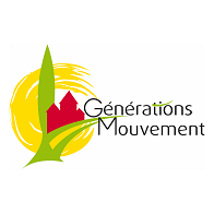 Logo Générations Mouvement avec une maison rouge et un paysage stylisé sur fond jaune.