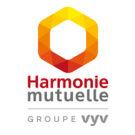 Harmonie Mutuelle, Groupe VYV, logo coloré en dégradé d’orange et de jaune avec texte en rouge et gris.