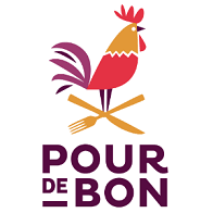Logo Pour de Bon avec un coq stylisé coloré et des couverts croisés.