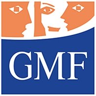 Logo de GMF avec visages stylisés en orange et bleu.