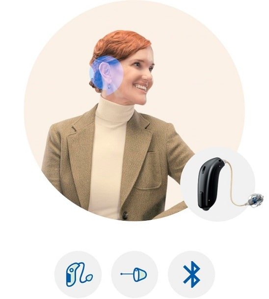 Femme avec des appareils auditifs Oticon Siya et icônes représentant la connectivité Bluetooth et les fonctionnalités des aides auditives.