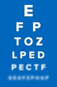 Un tabellone ottico con lettere bianche su sfondo blu, iniziando con ’E’ in alto e lettere progressivamente più piccole verso il basso, tipico per test visivi o analogie di chiarezza.