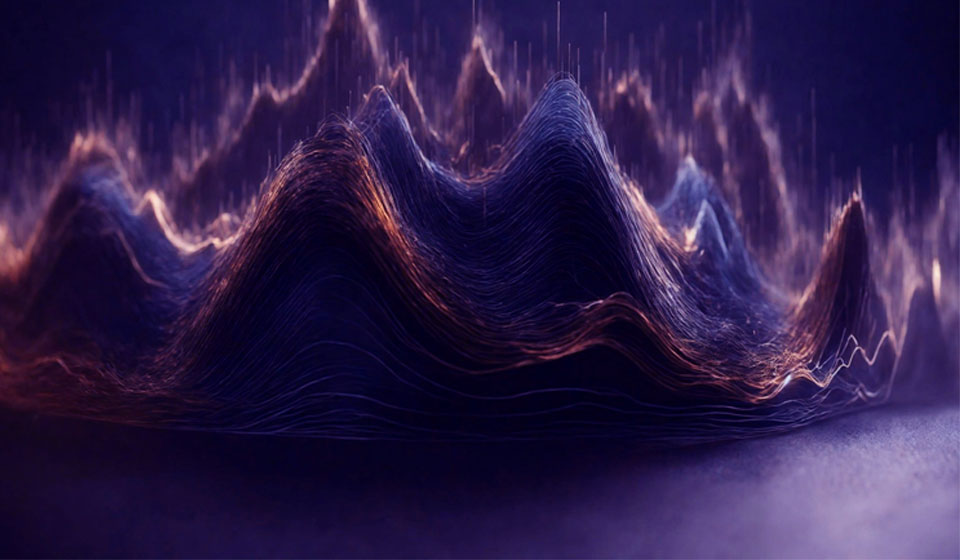 Abstracte visualisatie van geluidsgolven in dynamische paarse en oranje tinten.