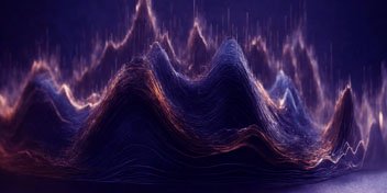 Abstracte visualisatie van geluidsgolven met lichtaccenten in paarse en oranje tinten.