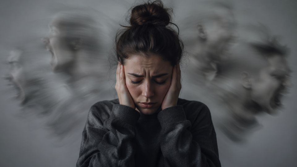Een vrouw die haar handen voor haar oren houdt en last heeft van auditieve hallucinaties