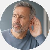 Een man die met zijn hand bij zijn oor zit en wat moeilijker kijkt, wat duidt op dat hij niet zo goed kan horen