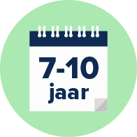 Een kalenderblok toont de tekst '7-10 jaar' in donkerblauwe letters tegen een witte achtergrond, met een groene omlijsting. Context suggereert een tijdsindicatie, mogelijk gerelateerd aan gehoorhulpmiddelen.