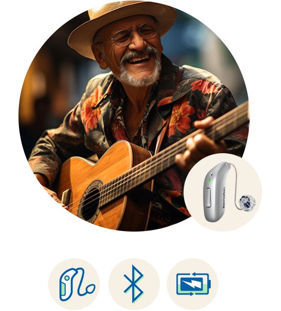 Bernafon Encanta hoortoestel met Bluetooth-connectiviteit en oplaadbare functie, afgebeeld naast een gitarist in kleurrijke kleding.