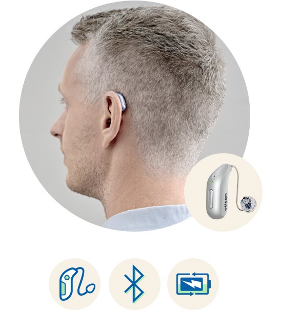 Oticon Intent hoortoestel met Bluetooth-connectiviteit, oplaadbare batterij en oorstuk voor geavanceerd gehoorcomfort.