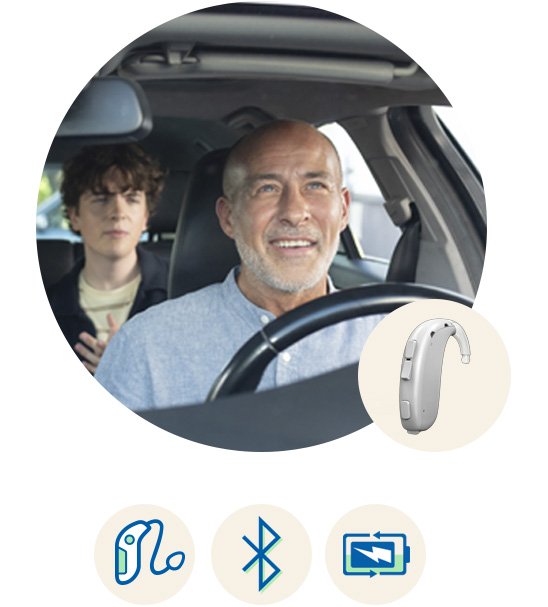 Oticon Xceed achter-het-oor hoortoestel met Bluetooth-connectiviteit en oplaadbare batterij, ideaal voor gehoorondersteuning in auto-omgevingen.