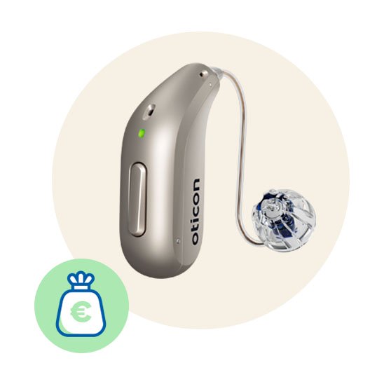 Een Oticon hoortoestel naast een euro-symbool dat kosten aangeeft.
