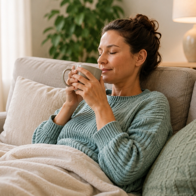 Een vrouw die met een kop thee onder een dekentje op de bank zit