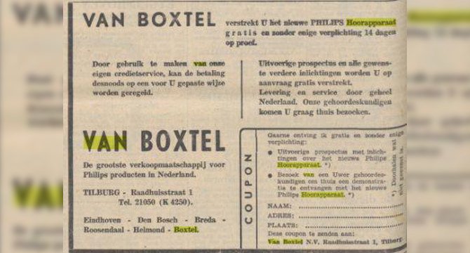 Een krantenadvertentie van Van Boxtel, een verkooppartner voor Philips-producten, promoot een gratis 14-dagen proef van het Philips-hoortoestel. Vermelding van locaties: Tilburg, Eindhoven, Den Bosch, Breda, Roosendaal, Helmond en Boxtel. Tekstvakken beschrijven betalingsmogelijkheden en instructies voor het invullen van een coupon.