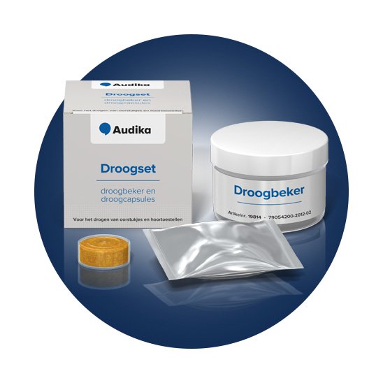 Droogset met droogbeker en droogcapsules voor hoortoestellen