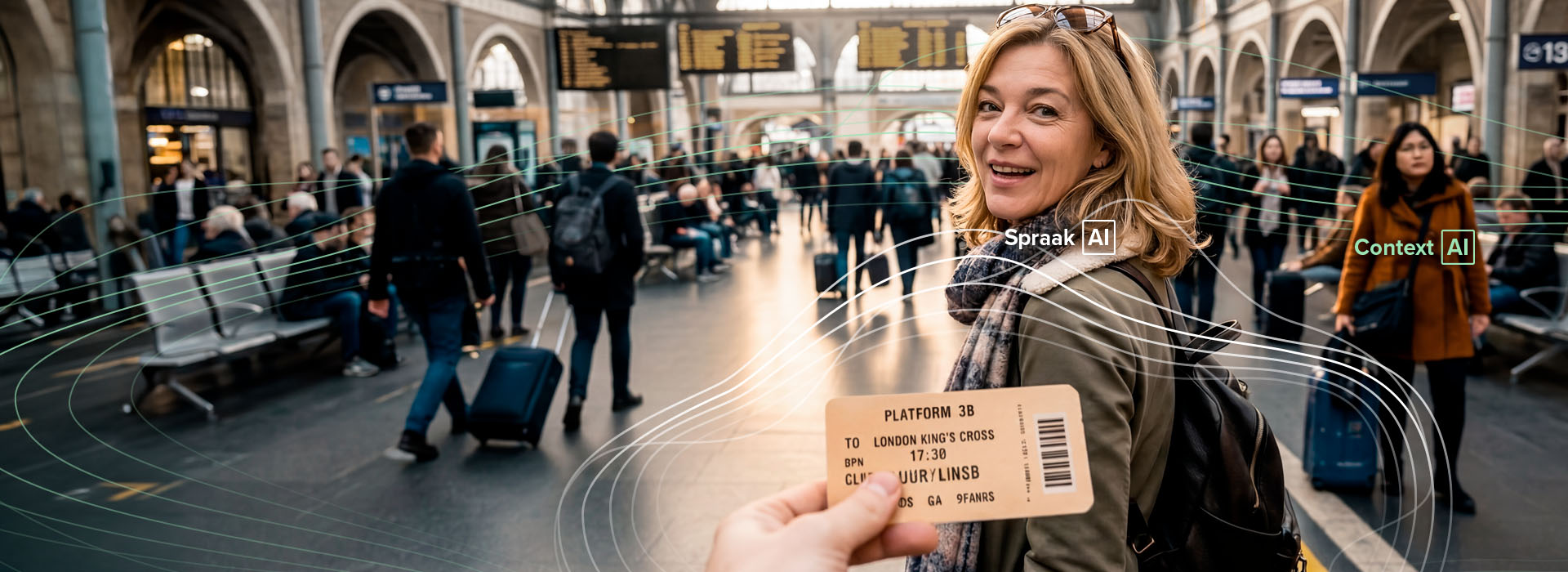 Een vrouw die op een station staat en de Oticon Reveal in heeft