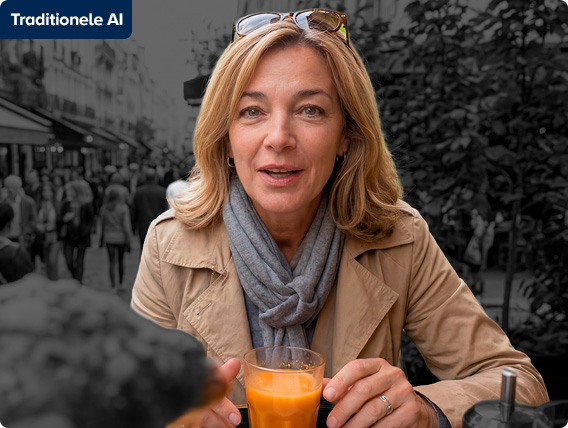 Een vrouw die een hoortoestel met traditionele AI draagt