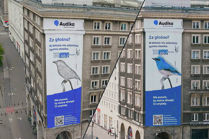 Mural Audika mierzący poziom hałasu w Warszawie.