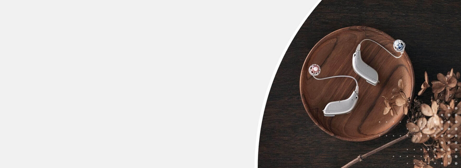 Aparaty słuchowe na drewnianej podstawce, otoczone suchymi kwiatami.