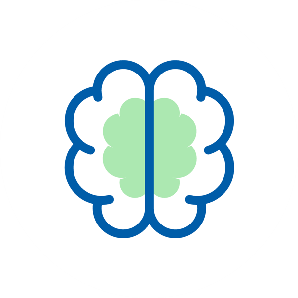 Ikona mózgu w niebieskim konturze z zielonym środkiem na białym tle.
