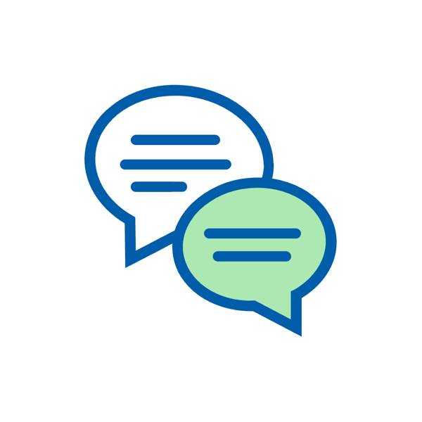 Komiksowe dymki symbolizujące rozmowę, zielona i biała na białym tle.