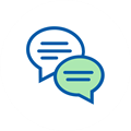 Ikona przedstawiająca rozmowę w postaci komiksowych dymków na białym tle.