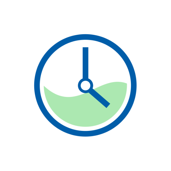 Ikona zegara analogowego z zielonym półokręgiem wewnątrz, na białym tle.