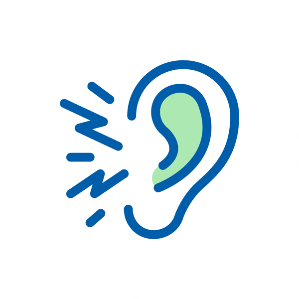 Ucho narażone na hałas, ilustrowane za pomocą niebieskich linii i zielonego wypełnienia na białym tle.