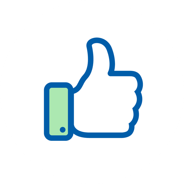 Uniesiony kciuk w niebieskim konturze na białym tle.