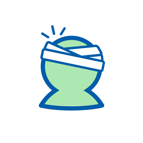 Ikona pacjenta z zabandażowaną głową i oznakami bólu na białym tle.