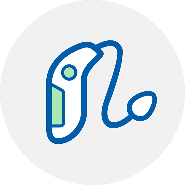 Ikona zausznego aparatu słuchowego BTE z przewodem i wkładką douszną na szarym tle.