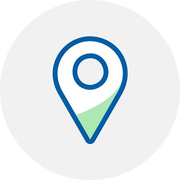 Ikona lokalizacji z niebieską obwódką i zielonym akcentem na szarym tle.