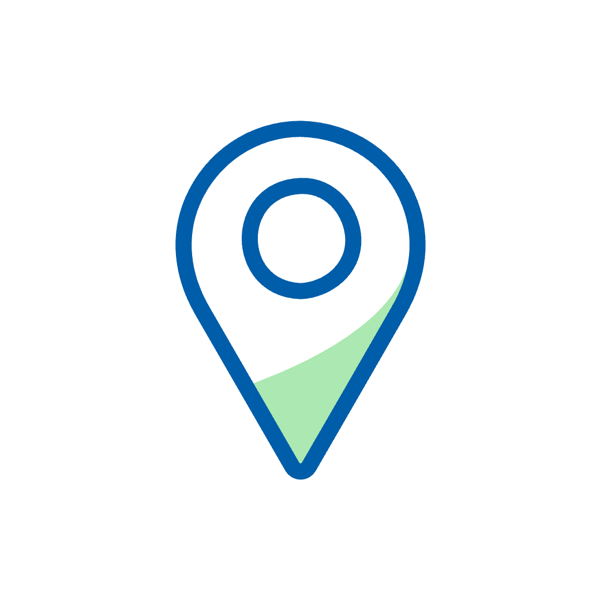 Ikona lokalizacji w kształcie pinezki, z niebieską obwódką i zielonym akcentem, na białym tle.