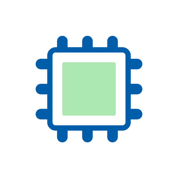 Ikona nowoczesnego procesora w kolorach zielonym i niebieskim na białym tle.