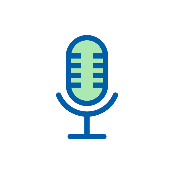 Ikona mikrofonu w minimalistycznym stylu na białym tle.