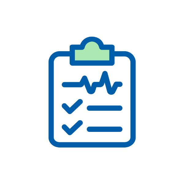 Ikona dokumentacji pacjenta z wykresem EKG i listą kontrolną na białym tle.
