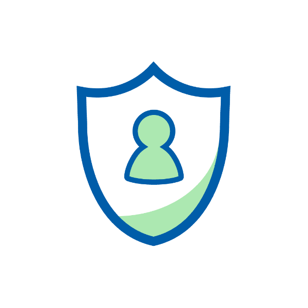 Ikona tarczy z sylwetką człowieka w środku, symbolizująca ochronę i bezpieczeństwo, na białym tle.