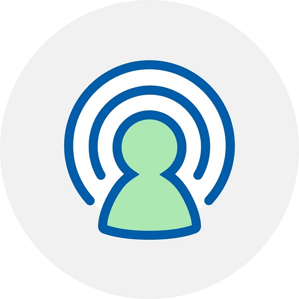 Ikona symbolizująca skanowanie otoczenia akustycznego, przedstawiająca zielony kontur osoby otoczony niebieskimi falami na szarym tle.