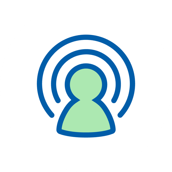 Ikona skanowania otoczenia akustycznego z zieloną sylwetką i niebieskimi falami na białym tle.