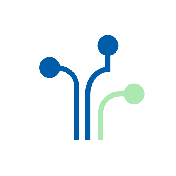 Ikona złożona z niebieskich i zielonej linii symbolizujących połączenia obwodów na białym tle.