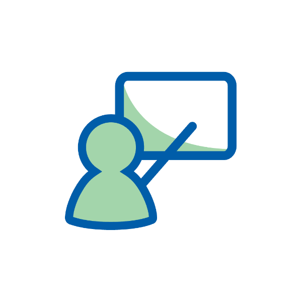 Ikona przedstawiająca trenera na szkoleniu na białym tle.