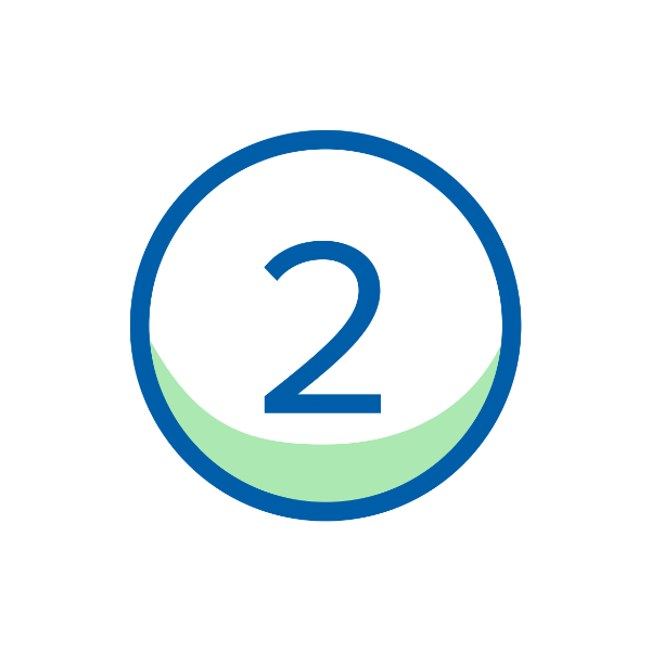 Numer 2 w niebieskim okręgu z zielonym półksiężycem na białym tle.