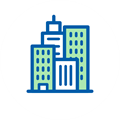 Ikona miasta z wysokimi budynkami na białym tle.