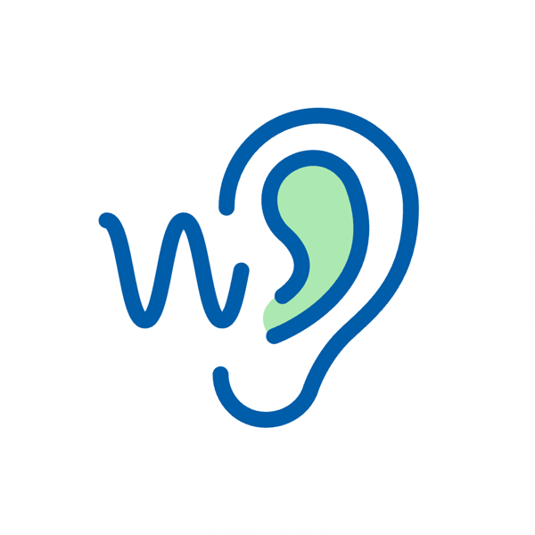 Ikona ucha z zielonym wnętrzem i niebieskimi liniami na białym tle, symbolizująca zdrowy słuch.