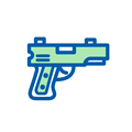 Ikona pistoletu w minimalistycznym stylu na białym tle.