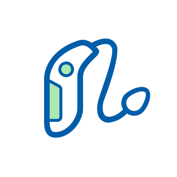 Ikona zausznego aparatu słuchowego BTE na białym tle.