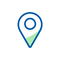 Ikona lokalizacji w kształcie pinezki, z niebieską obwódką i zielonym akcentem, na białym tle.